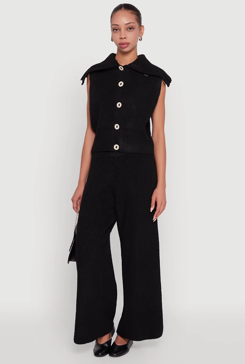 Womens Brushed Rib Knit Collared Button Front Sweater Vest, Black, Size M