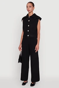 Womens Brushed Rib Knit Collared Button Front Sweater Vest, Black, Size S
