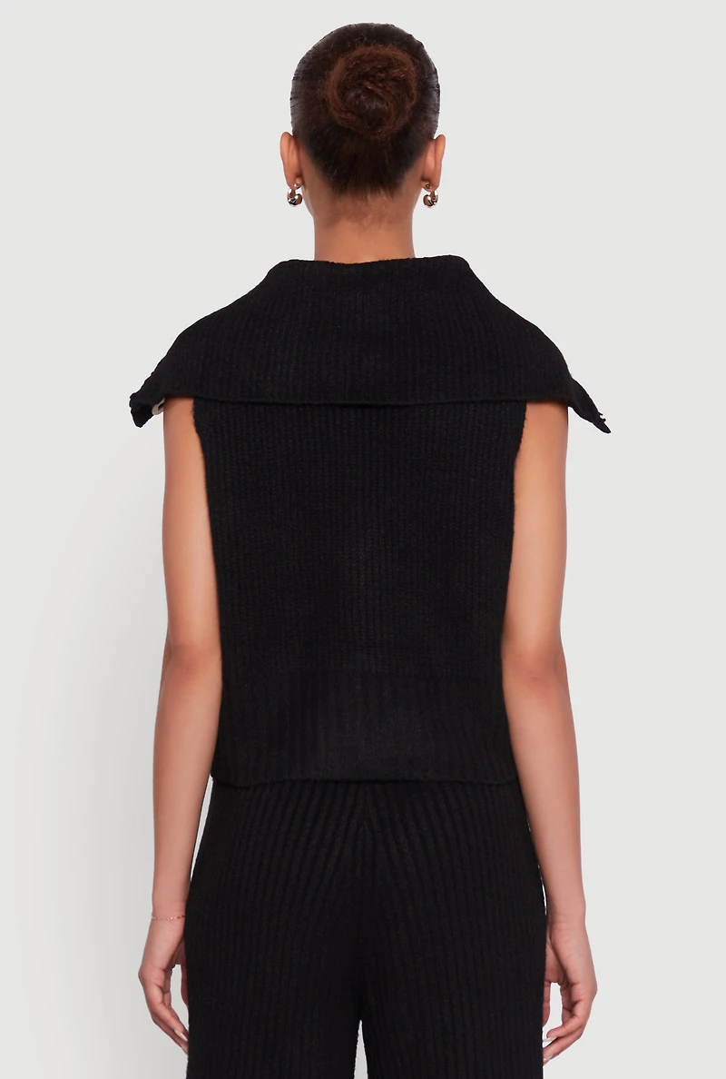 Womens Brushed Rib Knit Collared Button Front Sweater Vest, Black, Size S
