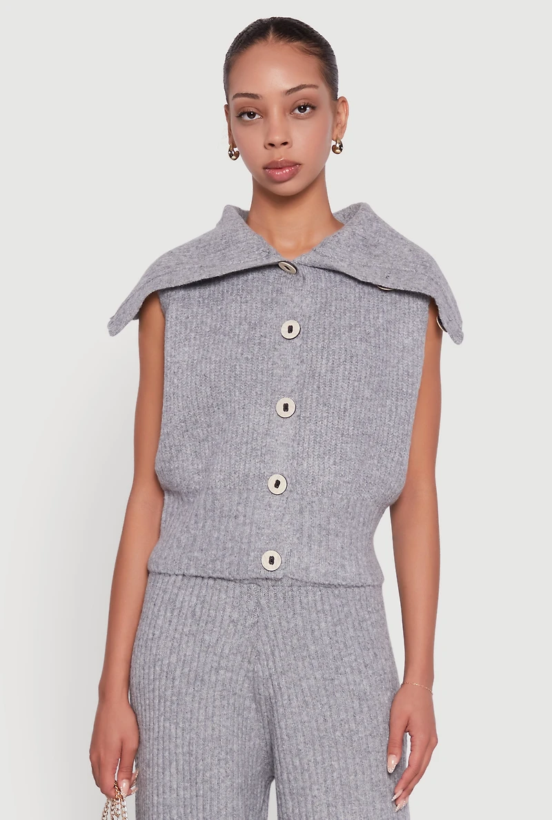 Womens Brushed Rib Knit Collared Button Front Sweater Vest, Grey, Size S