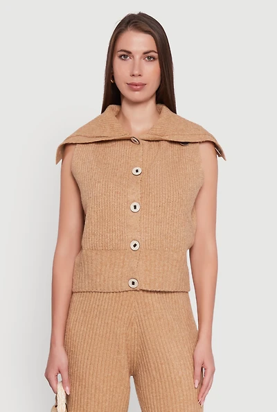 Womens Brushed Rib Knit Collared Button Front Sweater Vest, Brown, Size L