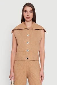 Womens Brushed Rib Knit Collared Button Front Sweater Vest, Brown, Size L