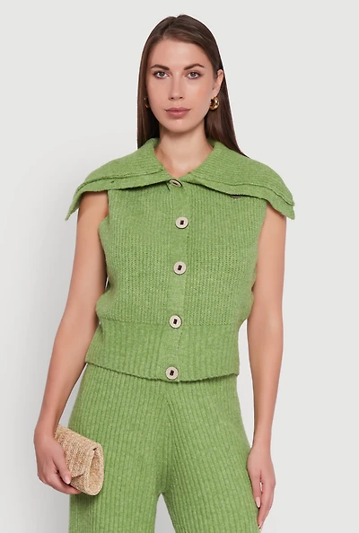 Womens Brushed Rib Knit Collared Button Front Sweater Vest,