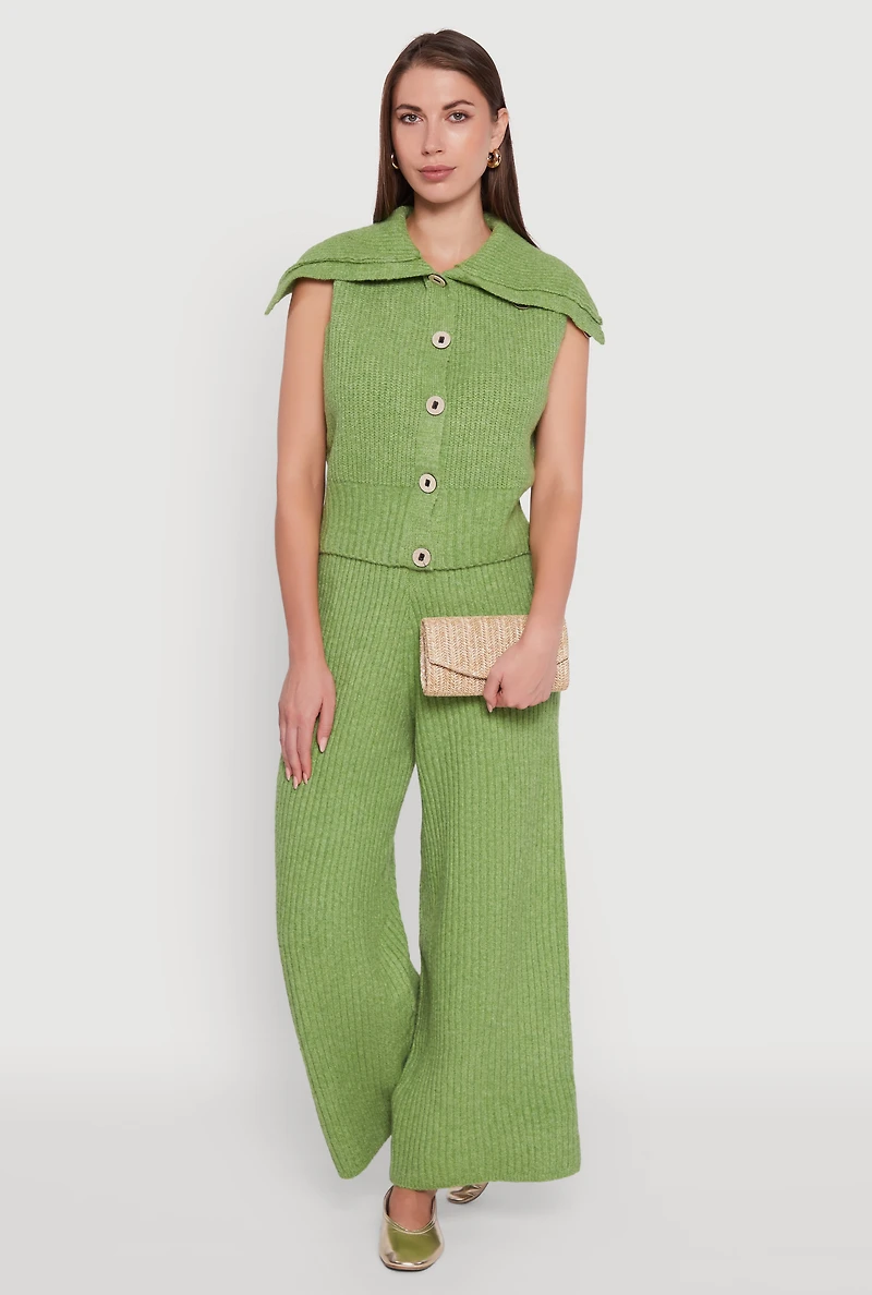 Womens Brushed Rib Knit Collared Button Front Sweater Vest, Green, Size L