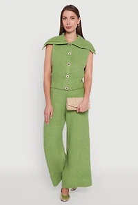 Womens Brushed Rib Knit Collared Button Front Sweater Vest, Green, Size L