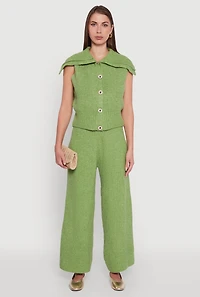 Womens Brushed Rib Knit Collared Button Front Sweater Vest, Green,