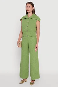 Womens Brushed Rib Knit Collared Button Front Sweater Vest, Green, Size L