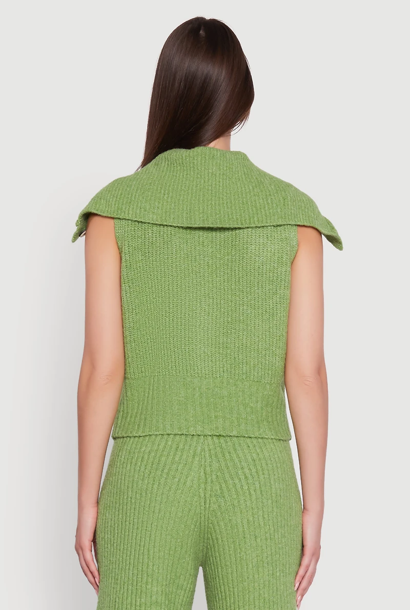 Womens Brushed Rib Knit Collared Button Front Sweater Vest, Green, Size L