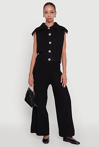 Womens Brushed Ribbed Knit Pull On Wide Leg Pants, Black, Size S