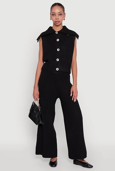 Womens Brushed Ribbed Knit Pull On Wide Leg Pants,