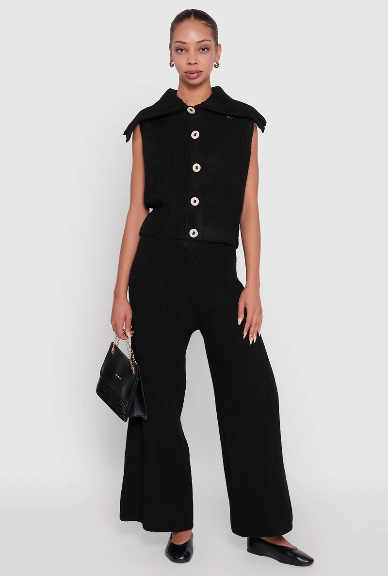 Brushed Ribbed Knit Pull On Wide Leg Pants