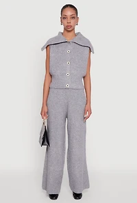 Womens Brushed Ribbed Knit Pull On Wide Leg Pants, Grey, Size S