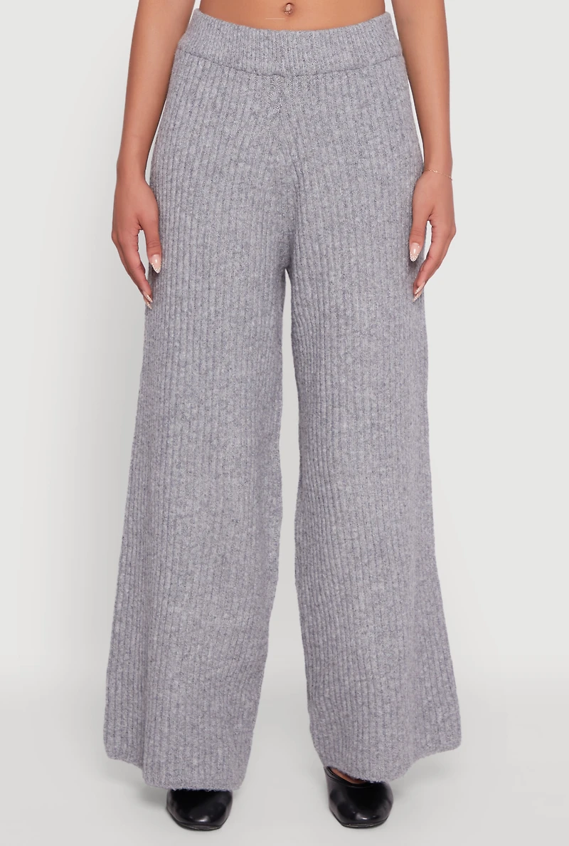 Womens Brushed Ribbed Knit Pull On Wide Leg Pants, Grey, Size S