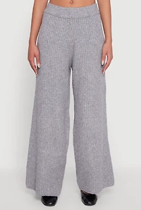 Womens Brushed Ribbed Knit Pull On Wide Leg Pants, Grey, Size S