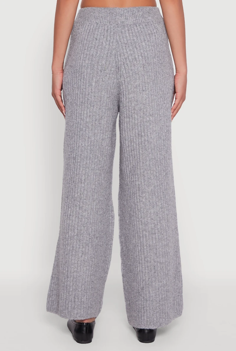 Womens Brushed Ribbed Knit Pull On Wide Leg Pants, Grey, Size S