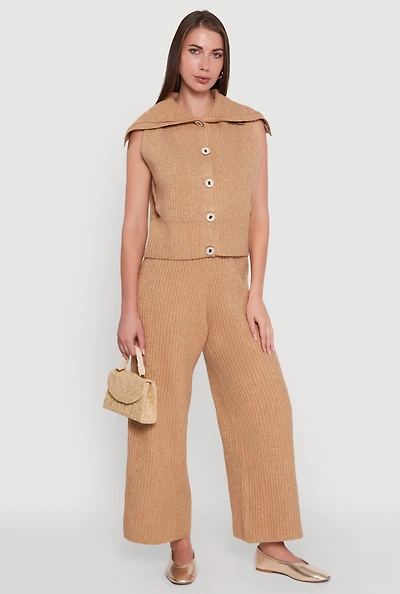 Womens Brushed Ribbed Knit Pull On Wide Leg Pants, S