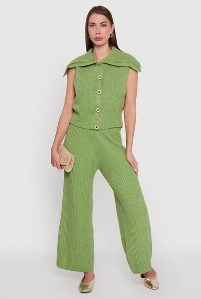 Womens Brushed Ribbed Knit Pull On Wide Leg Pants, Green, Size S