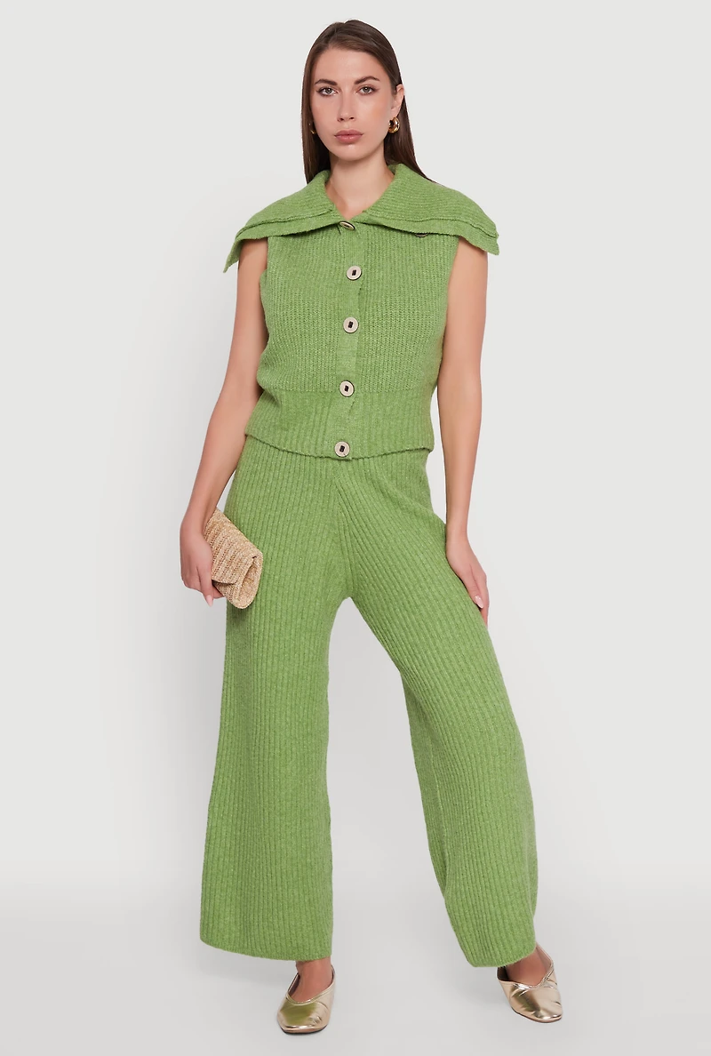 Brushed Ribbed Knit Pull On Wide Leg Pants