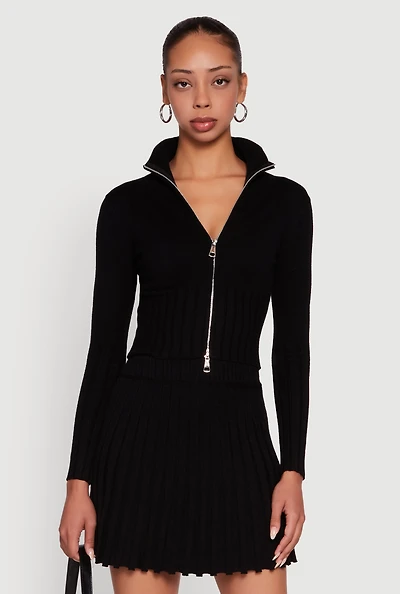 Womens Classic Fit Zip Front Mock Neck Cropped Sweater,