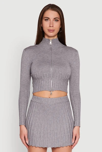 Womens Classic Fit Zip Front Mock Neck Cropped Sweater,