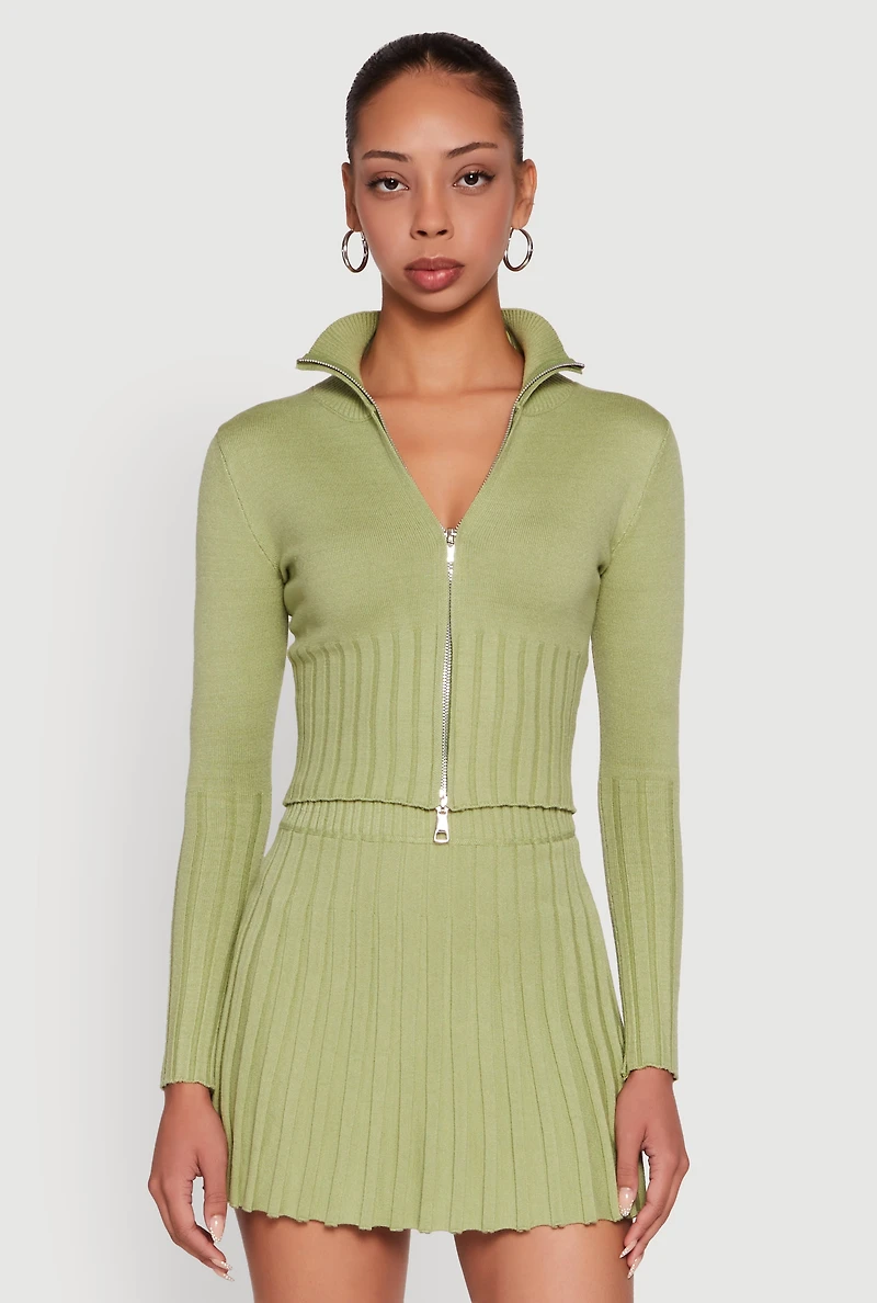 Womens Classic Fit Zip Front Mock Neck Cropped Sweater, Green,