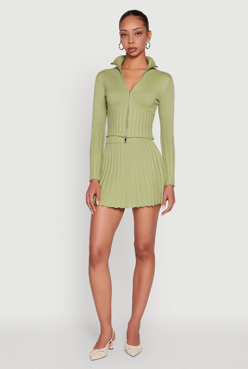 Womens Classic Fit Zip Front Mock Neck Cropped Sweater, Green,