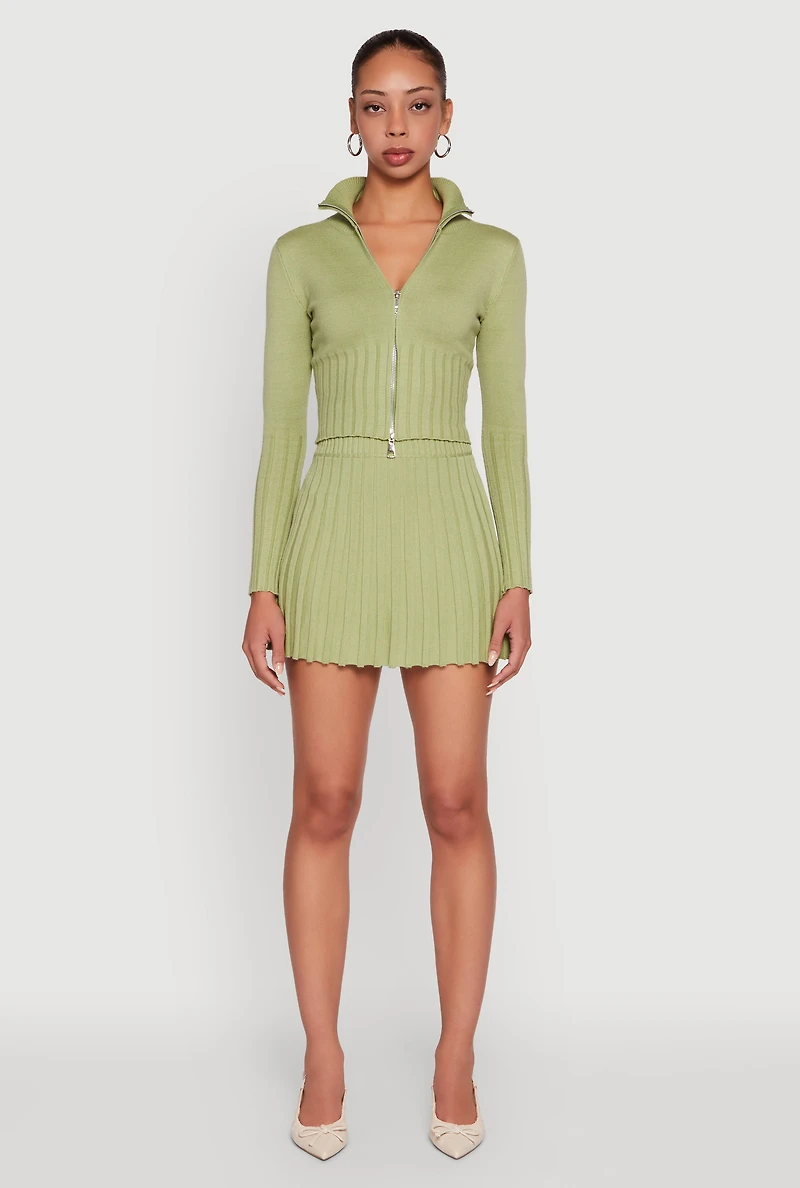 Womens Classic Fit Zip Front Mock Neck Cropped Sweater, Green,