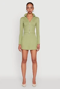 Womens Classic Fit Zip Front Mock Neck Cropped Sweater, Green,