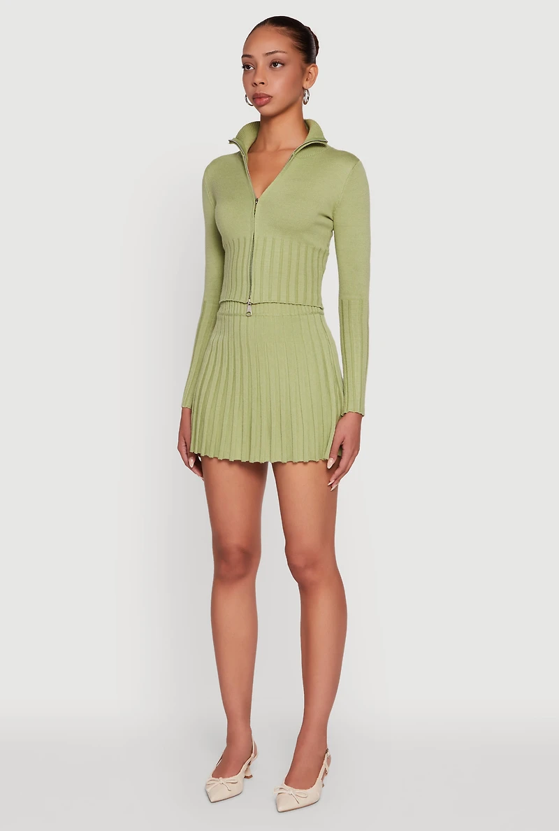 Womens Classic Fit Zip Front Mock Neck Cropped Sweater, Green,