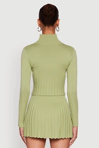 Womens Classic Fit Zip Front Mock Neck Cropped Sweater, Green,