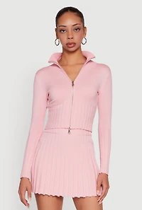 Classic Fit Zip Front Mock Neck Cropped Sweater