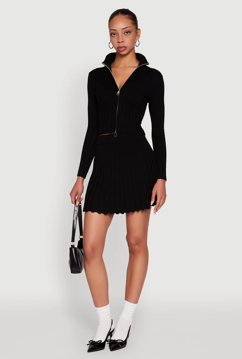 Ribbed Knit Mid Rise Pleated Mini Skirt