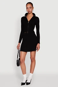 Ribbed Knit Mid Rise Pleated Mini Skirt