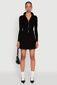 Womens Ribbed Knit Mid Rise Pleated Mini Skirt, Black, Size XL