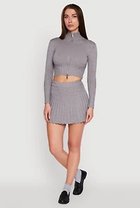 Ribbed Knit Mid Rise Pleated Mini Skirt