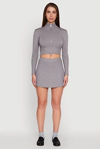 Womens Ribbed Knit Mid Rise Pleated Mini Skirt, Grey, Size M