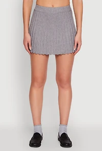 Womens Ribbed Knit Mid Rise Pleated Mini Skirt, Grey, Size M