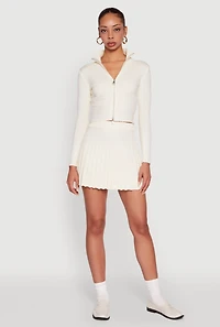 Ribbed Knit Mid Rise Pleated Mini Skirt