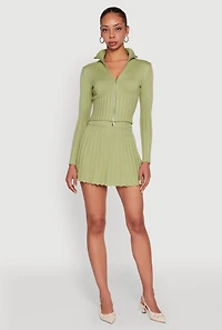 Ribbed Knit Mid Rise Pleated Mini Skirt