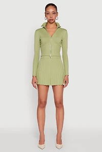 Womens Ribbed Knit Mid Rise Pleated Mini Skirt, Green, Size M