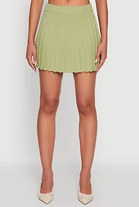 Womens Ribbed Knit Mid Rise Pleated Mini Skirt, Green, Size M