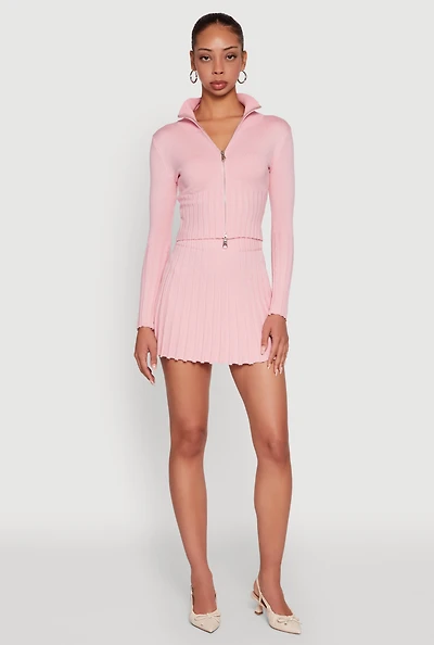 Womens Ribbed Knit Mid Rise Pleated Mini Skirt, Pink, Size M