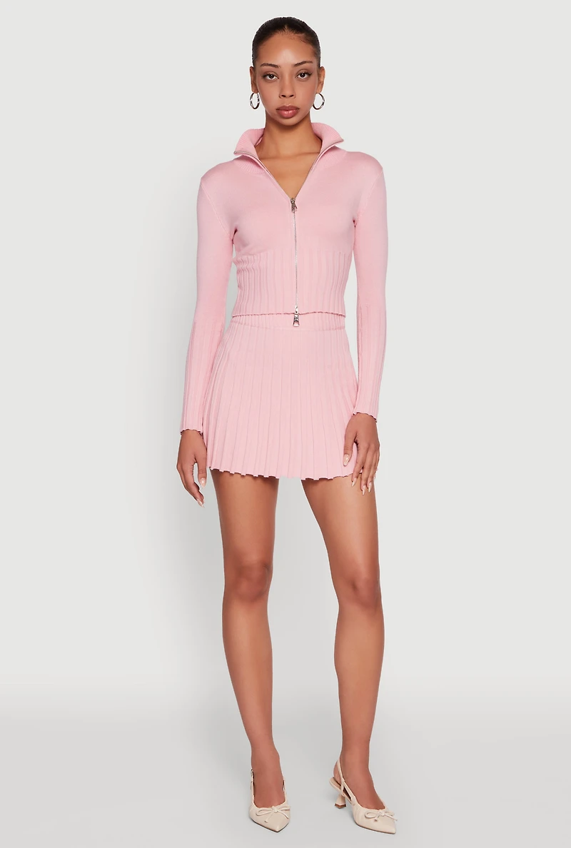 Ribbed Knit Mid Rise Pleated Mini Skirt