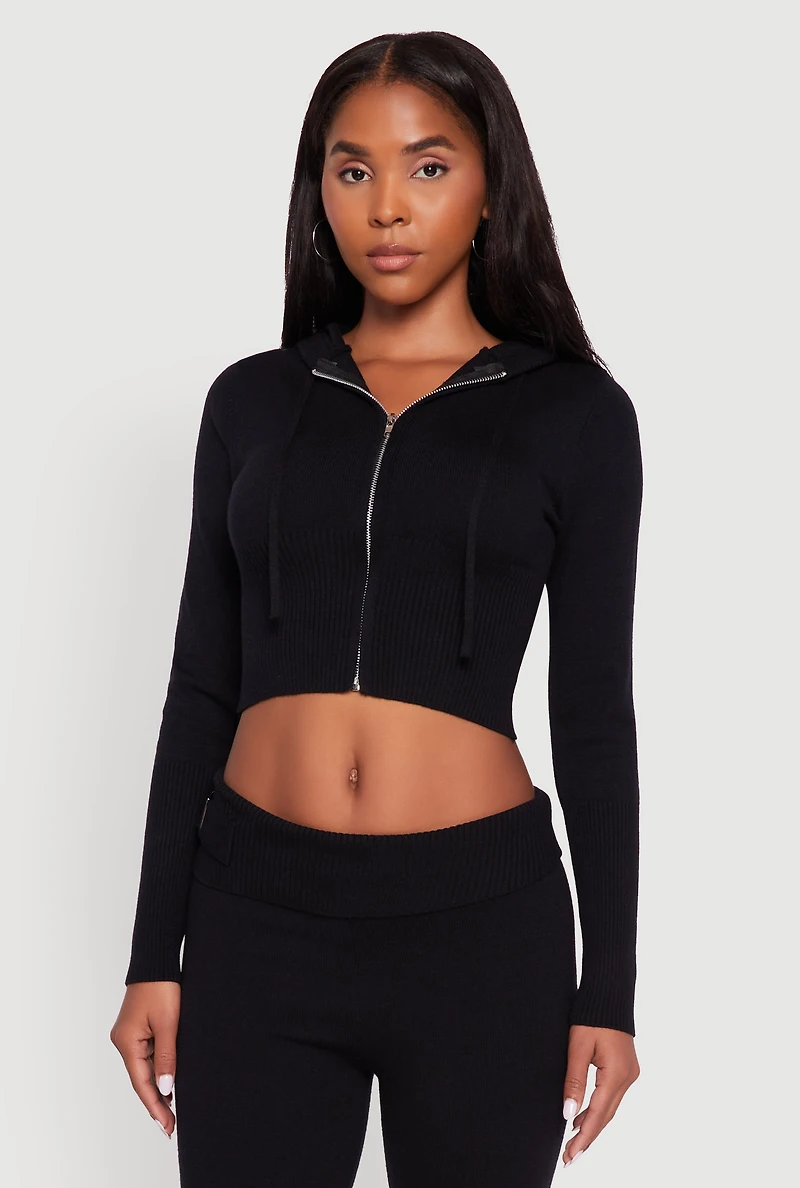 Womens Cropped Zip Front Drawstring Hoodie, Black, Size S