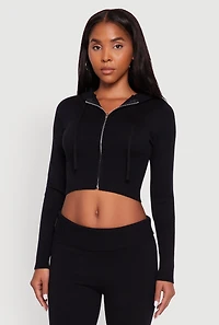 Womens Cropped Zip Front Drawstring Hoodie, Black, Size S