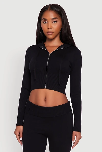 Womens Cropped Zip Front Drawstring Hoodie, Black,