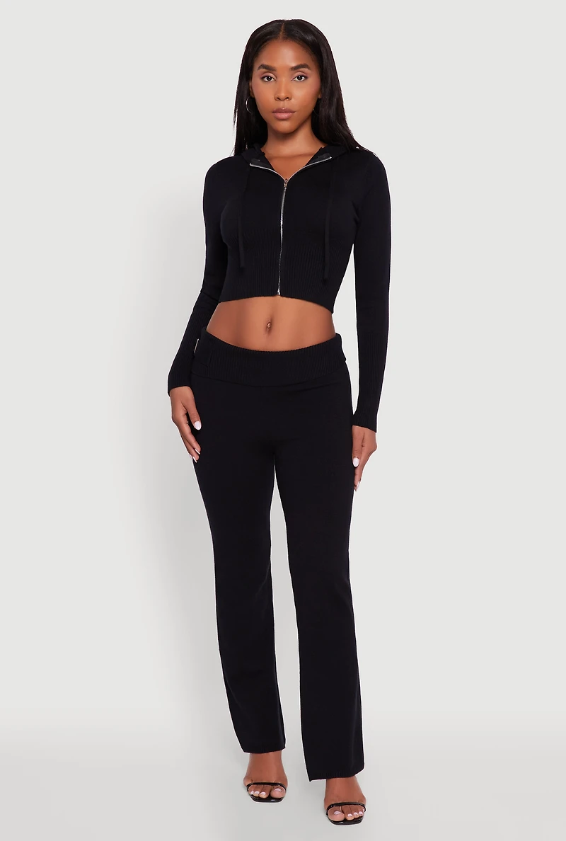Womens Cropped Zip Front Drawstring Hoodie, Black, Size S