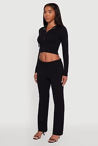 Womens Cropped Zip Front Drawstring Hoodie, Black, Size S