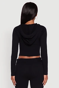 Womens Cropped Zip Front Drawstring Hoodie, Black, Size S
