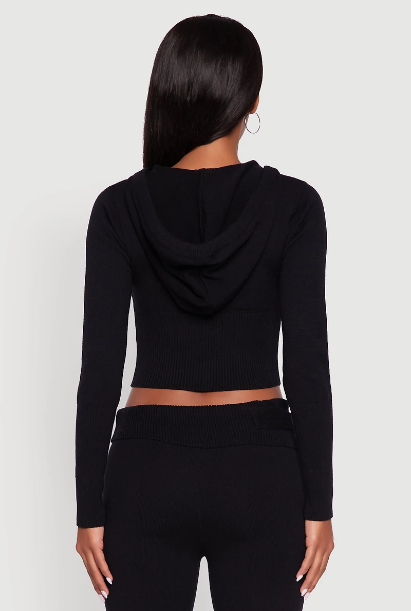 Womens Cropped Zip Front Drawstring Hoodie, Black,
